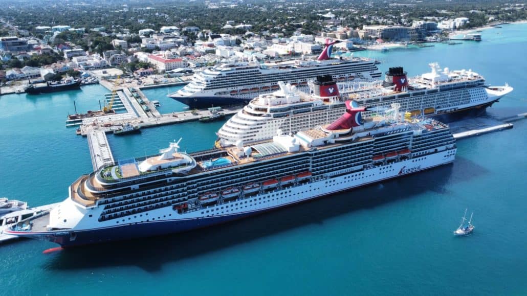 Aerial view of Carnival Legend, Carnival Liberty, and Disney Dream in Nassau